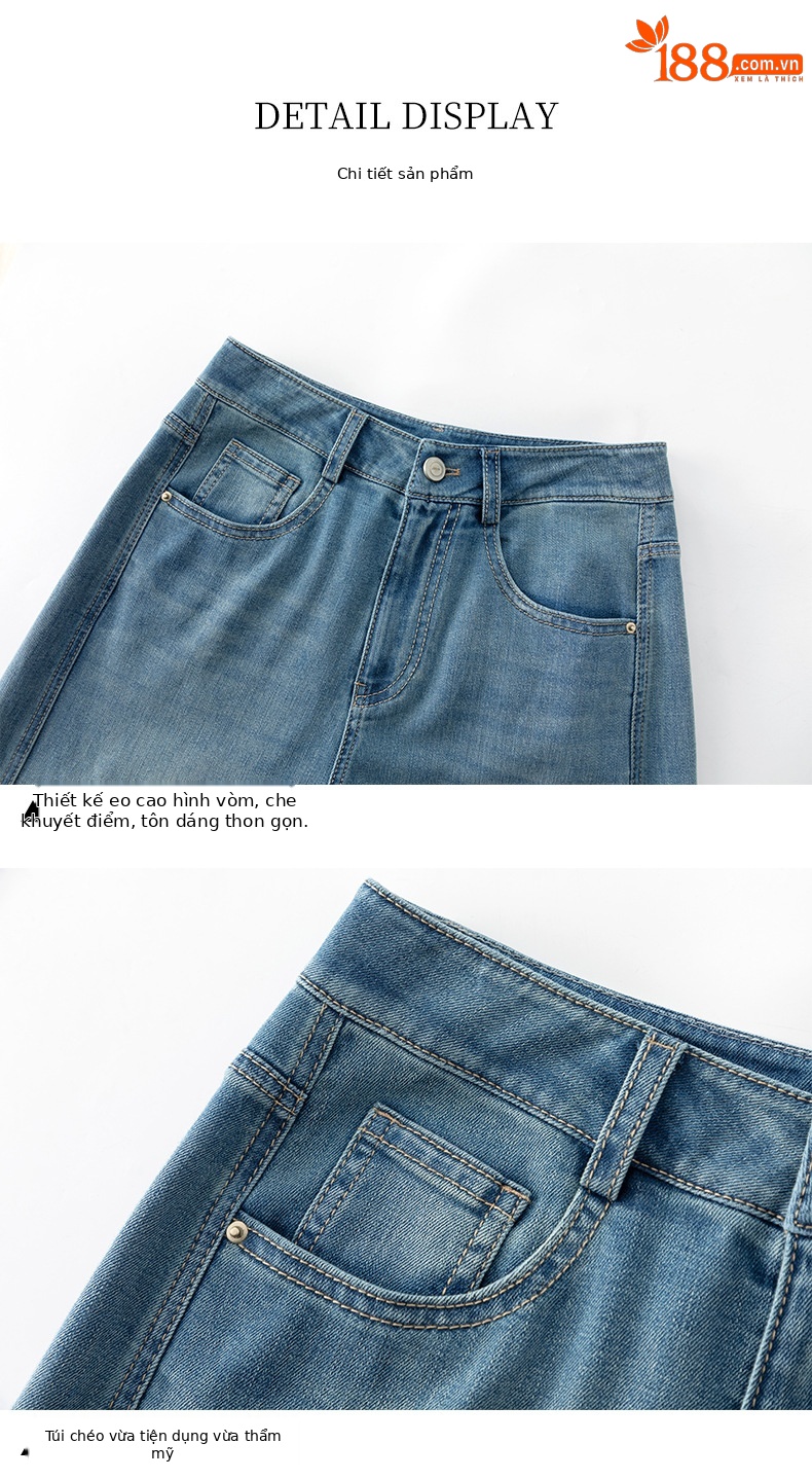 Quần jean nữ ống rộng cạp cao chất vải denim pha sợi tencel mềm mại — xanh lam chi tiết 15