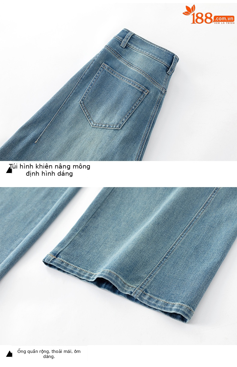 Quần jean nữ ống rộng cạp cao chất vải denim pha sợi tencel mềm mại — xanh lam chi tiết 17