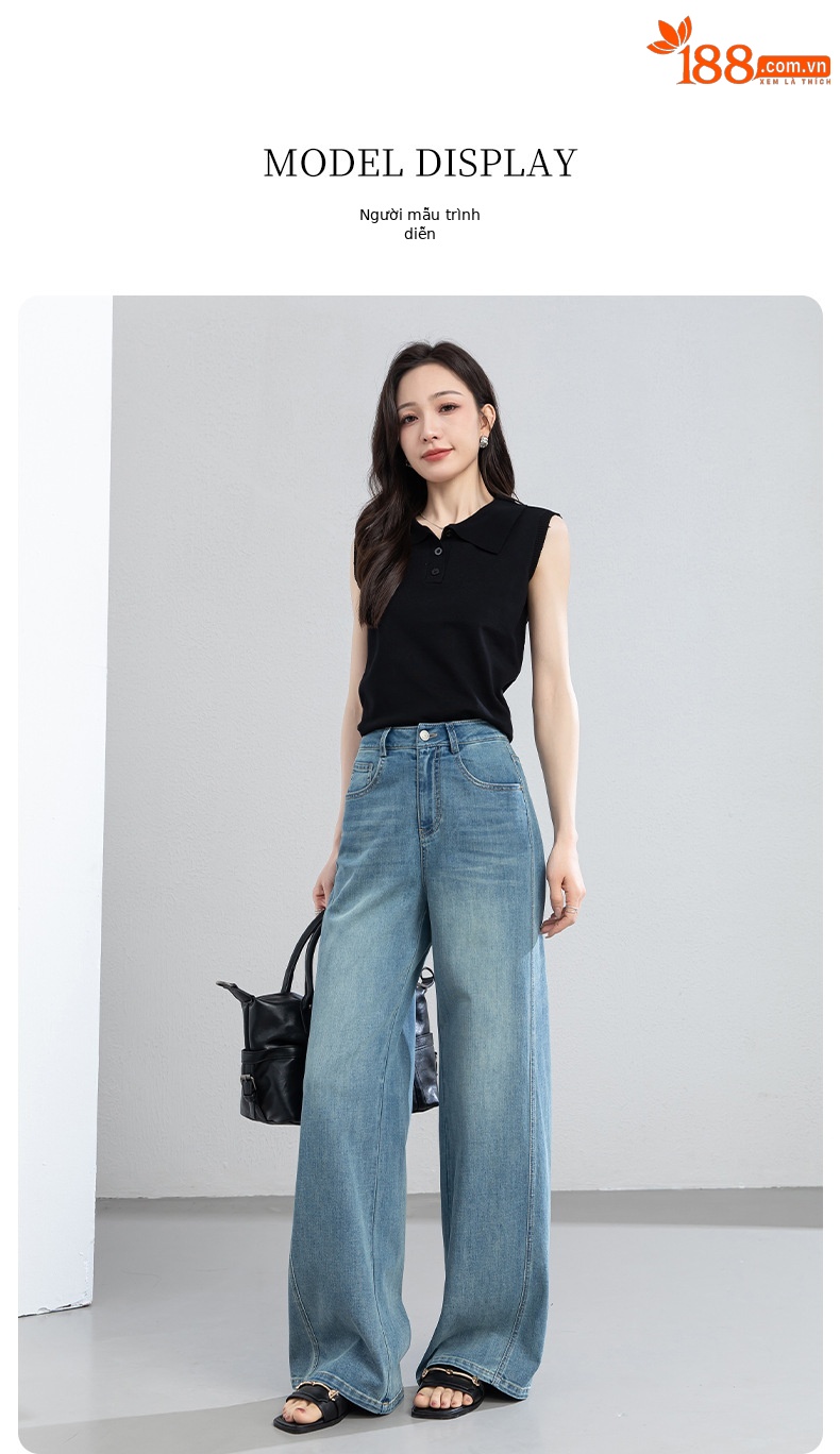 Quần jean nữ ống rộng cạp cao chất vải denim pha sợi tencel mềm mại — xanh lam chi tiết 19