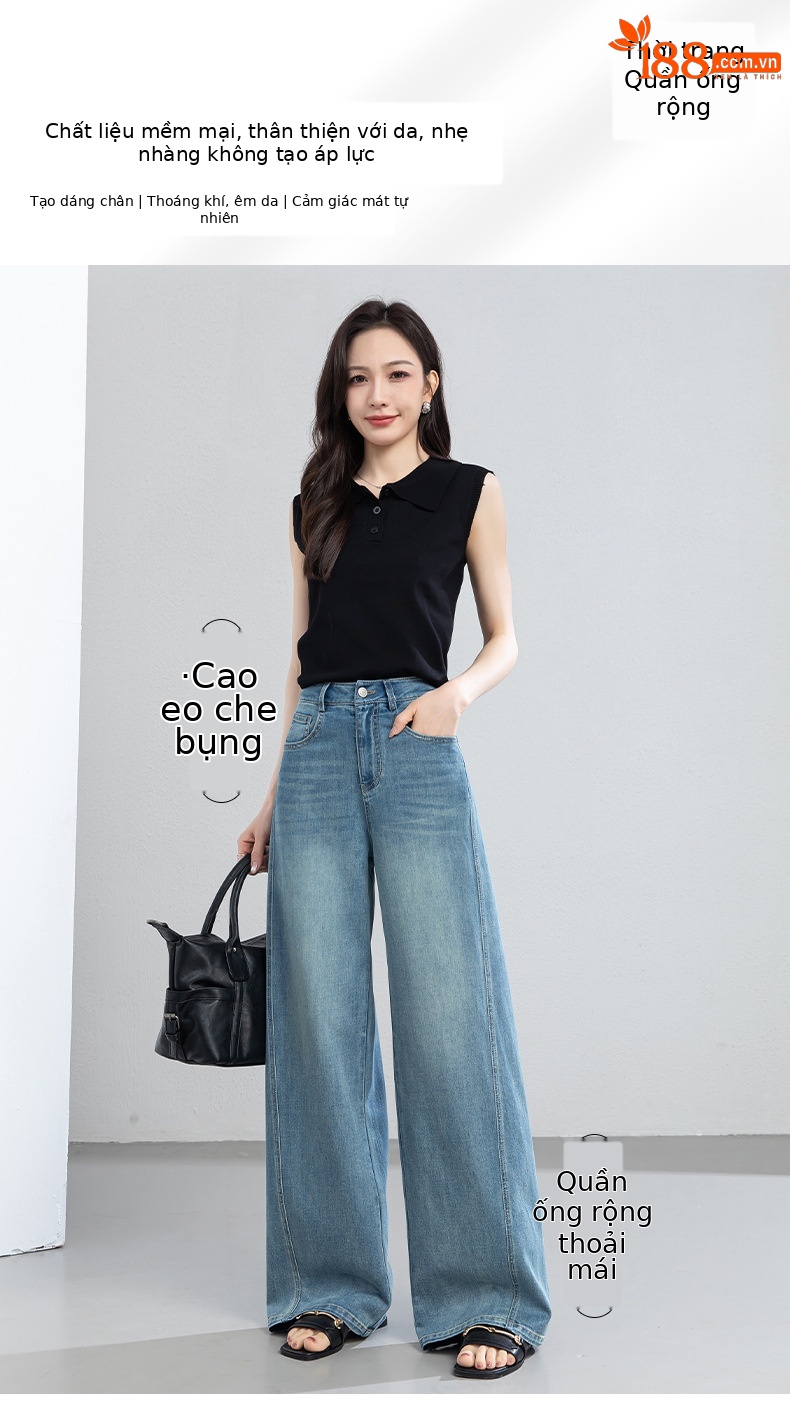 Quần jean nữ ống rộng cạp cao chất vải denim pha sợi tencel mềm mại — xanh lam chi tiết 1