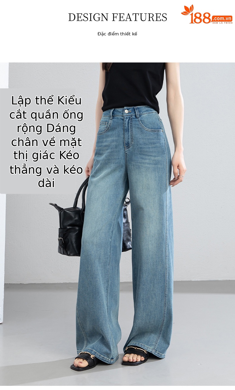 Quần jean nữ ống rộng cạp cao chất vải denim pha sợi tencel mềm mại — xanh lam chi tiết 8