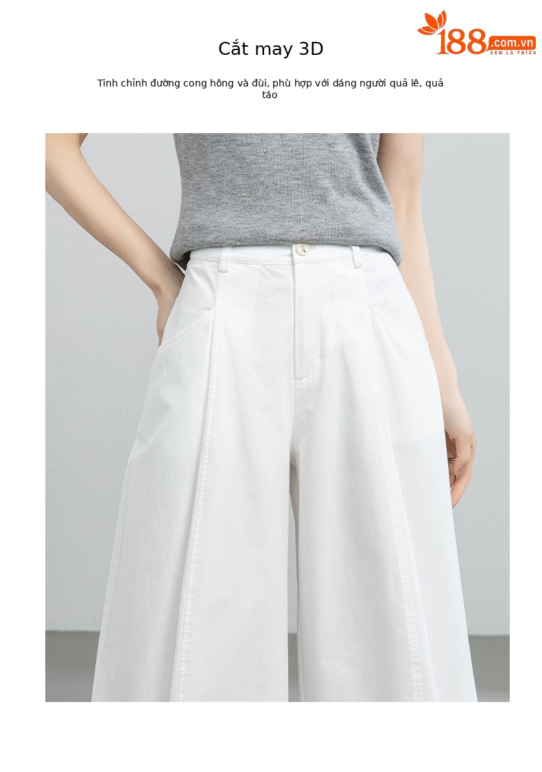 Quần culottes nữ ống rộng cạp cao dáng suông — màu trắng chi tiết 5