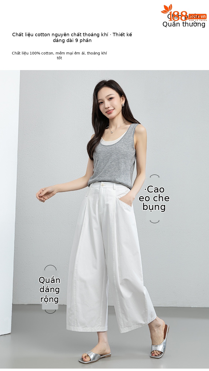 Quần culottes nữ ống rộng cạp cao dáng suông — màu trắng chi tiết 1
