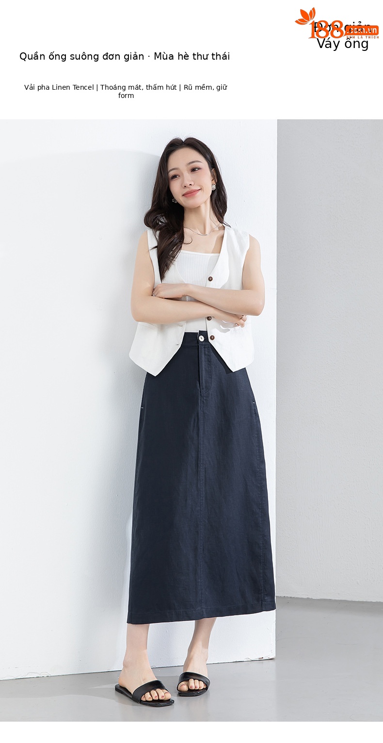 Chân váy chữ A dáng dài nữ chất liệu linen phối sợi tencel, thiết kế che khuyết điểm eo hông — màu xanh navy chi tiết 1
