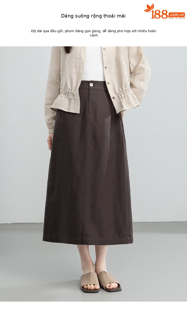 Chân váy chữ A dáng dài nữ chất liệu linen phối sợi tencel, thiết kế che khuyết điểm eo hông — màu xanh navy chi tiết 6