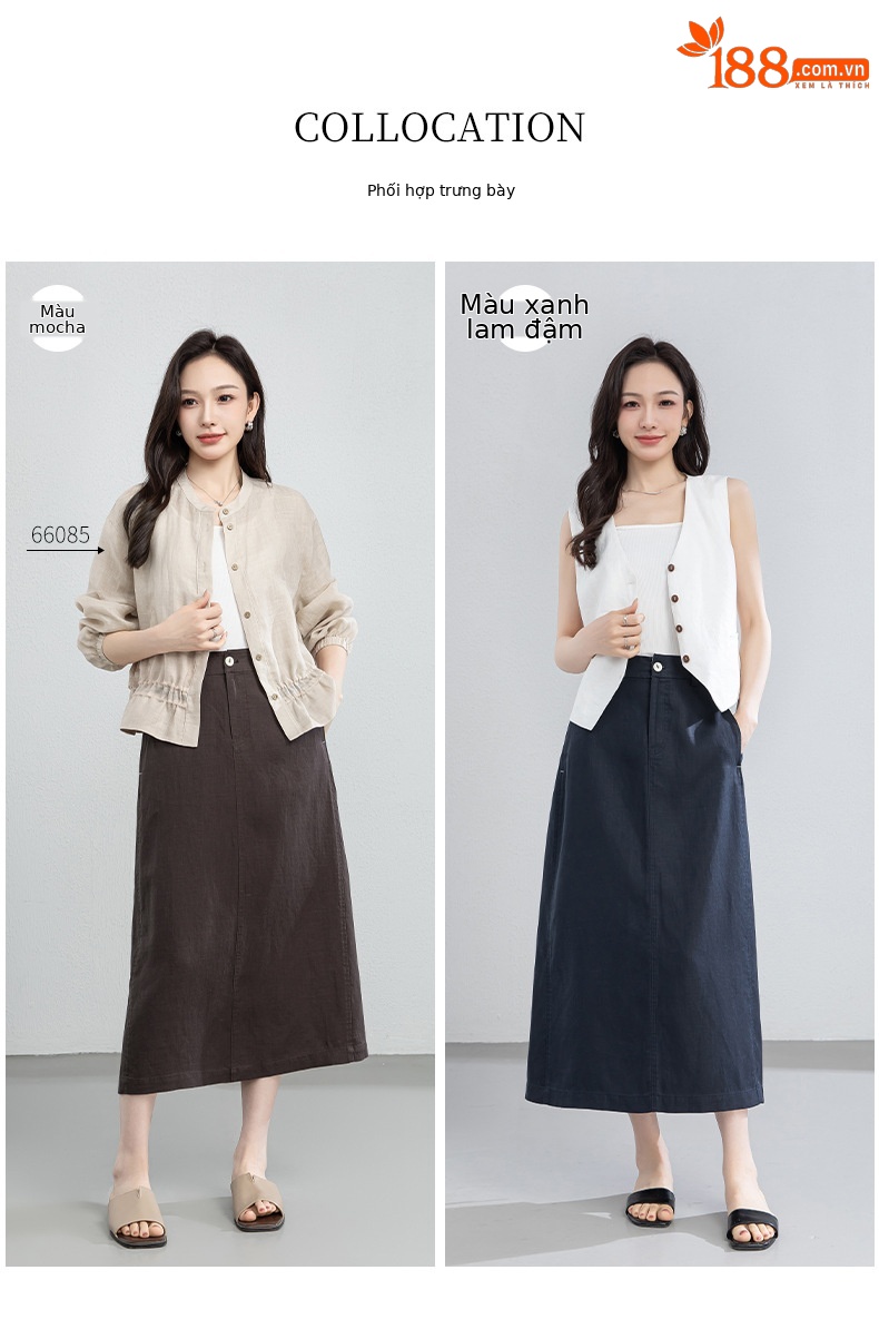 Chân váy chữ A dáng dài nữ chất liệu linen phối sợi tencel, thiết kế che khuyết điểm eo hông — màu xanh navy chi tiết 7