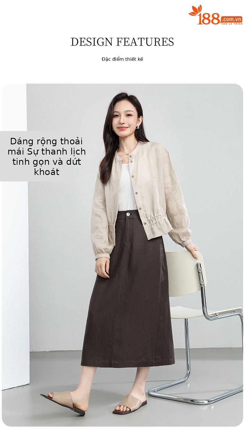Chân váy chữ A dáng dài nữ chất liệu linen phối sợi tencel, thiết kế che khuyết điểm eo hông — màu xanh navy chi tiết 8
