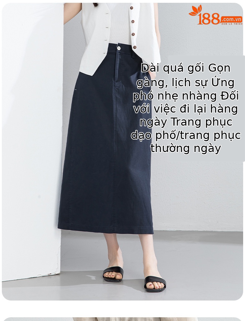 Chân váy chữ A dáng dài nữ chất liệu linen phối sợi tencel, thiết kế che khuyết điểm eo hông — màu xanh navy chi tiết 9