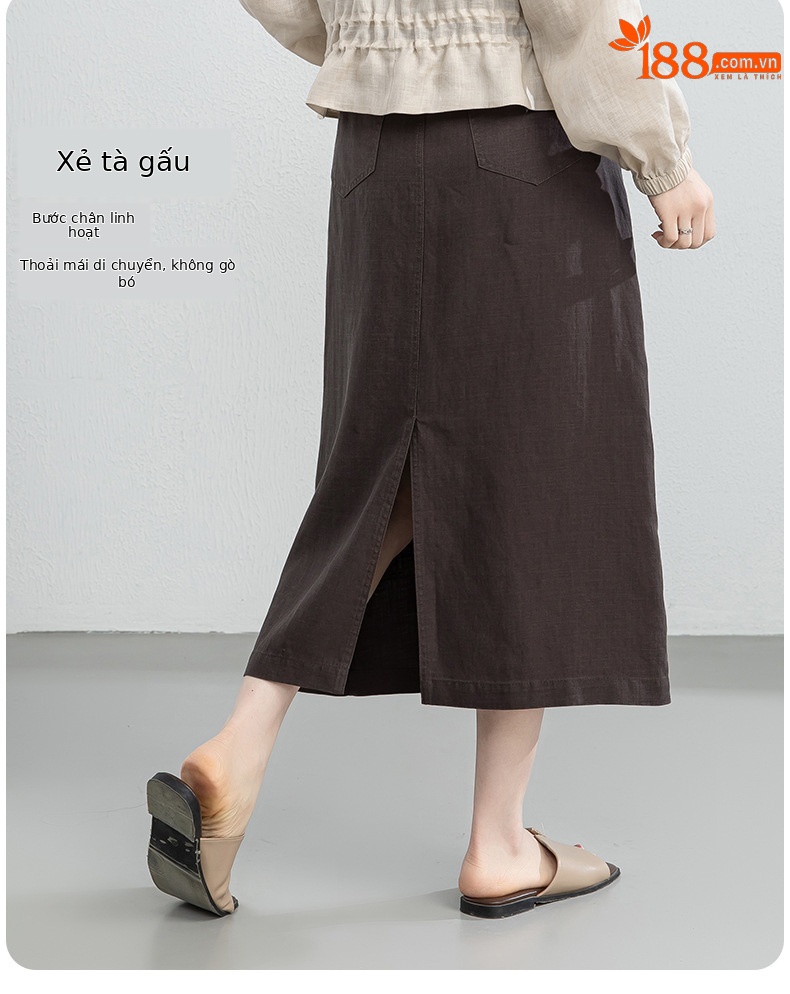 Chân váy chữ A dáng dài nữ chất liệu linen phối sợi tencel, thiết kế che khuyết điểm eo hông — màu xanh navy chi tiết 10