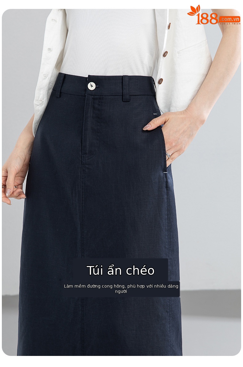Chân váy chữ A dáng dài nữ chất liệu linen phối sợi tencel, thiết kế che khuyết điểm eo hông — màu xanh navy chi tiết 11