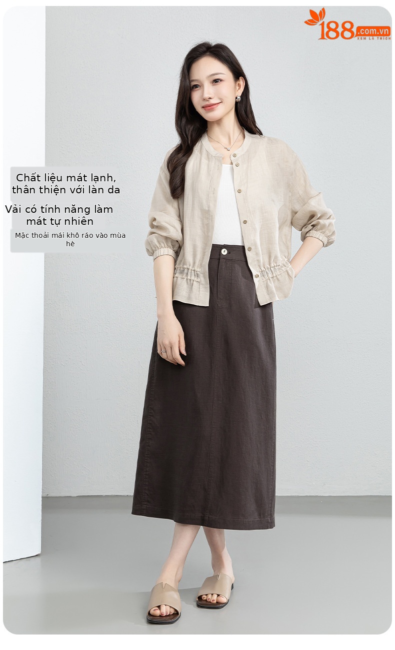 Chân váy chữ A dáng dài nữ chất liệu linen phối sợi tencel, thiết kế che khuyết điểm eo hông — màu xanh navy chi tiết 12