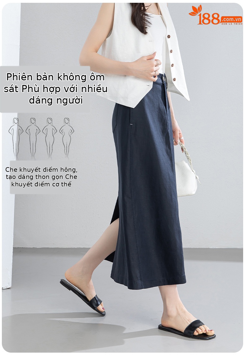Chân váy chữ A dáng dài nữ chất liệu linen phối sợi tencel, thiết kế che khuyết điểm eo hông — màu xanh navy chi tiết 13
