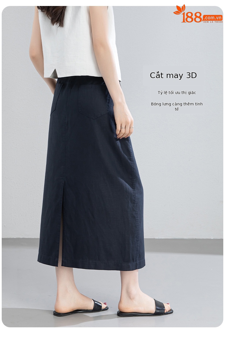 Chân váy chữ A dáng dài nữ chất liệu linen phối sợi tencel, thiết kế che khuyết điểm eo hông — màu xanh navy chi tiết 14
