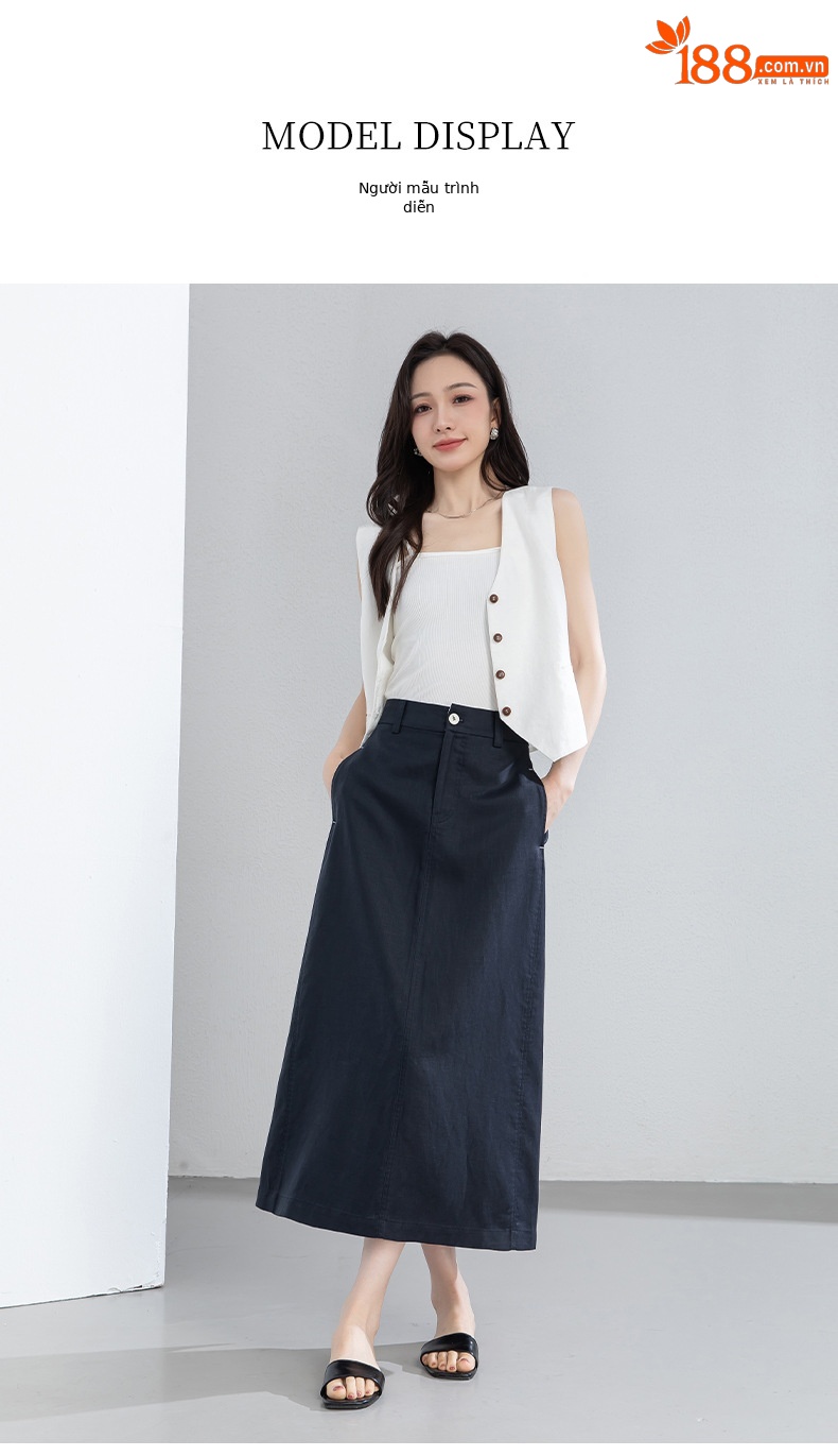 Chân váy chữ A dáng dài nữ chất liệu linen phối sợi tencel, thiết kế che khuyết điểm eo hông — màu xanh navy chi tiết 18