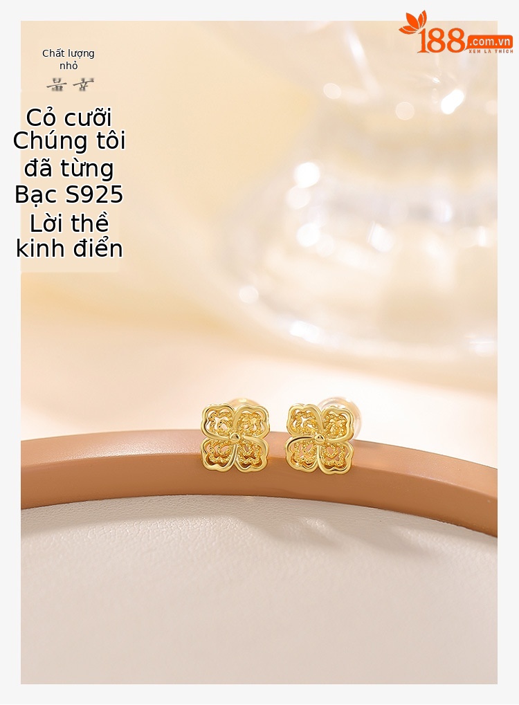 Bông tai bạc S925 mạ vàng hình cỏ bốn lá rỗng may mắn — Loại bạc chi tiết 1