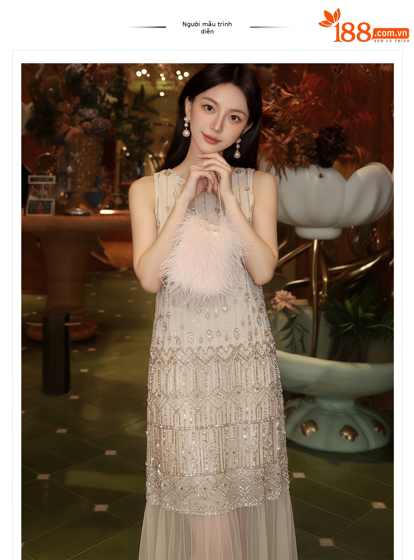 Đầm suông nữ midi không tay phong cách tân cổ điển Trung Quốc, họa tiết sequin lấp lánh — màu trắng ngà chi tiết 1