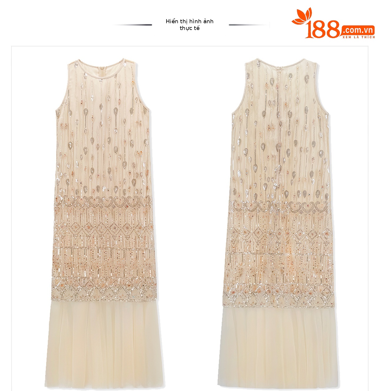 Đầm suông nữ midi không tay phong cách tân cổ điển Trung Quốc, họa tiết sequin lấp lánh — màu trắng ngà chi tiết 12