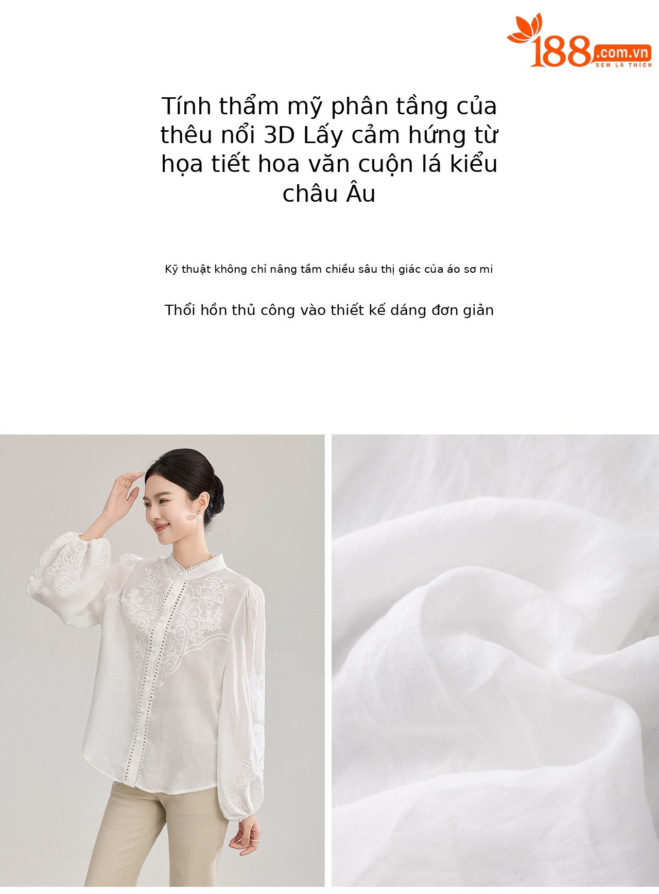 Áo sơ mi nữ tay phồng cổ đứng thêu ren họa tiết — màu trắng chi tiết 8