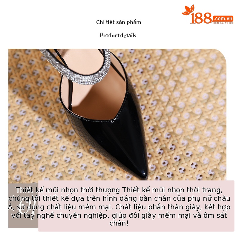 Sandal cao gót nữ mũi nhọn đính đá, quai một dây, gót 10 cm — Đen-10cm chi tiết 4