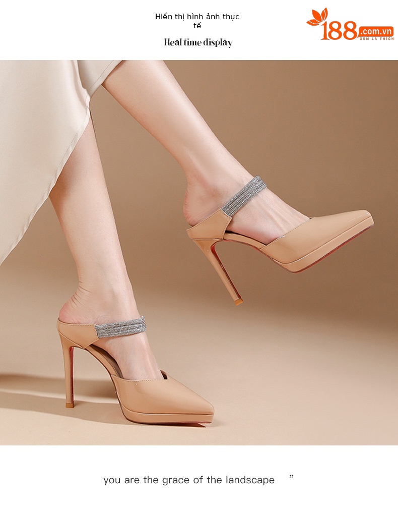 Sandal cao gót nữ mũi nhọn đính đá, quai một dây, gót 10 cm — Đen-10cm chi tiết 6