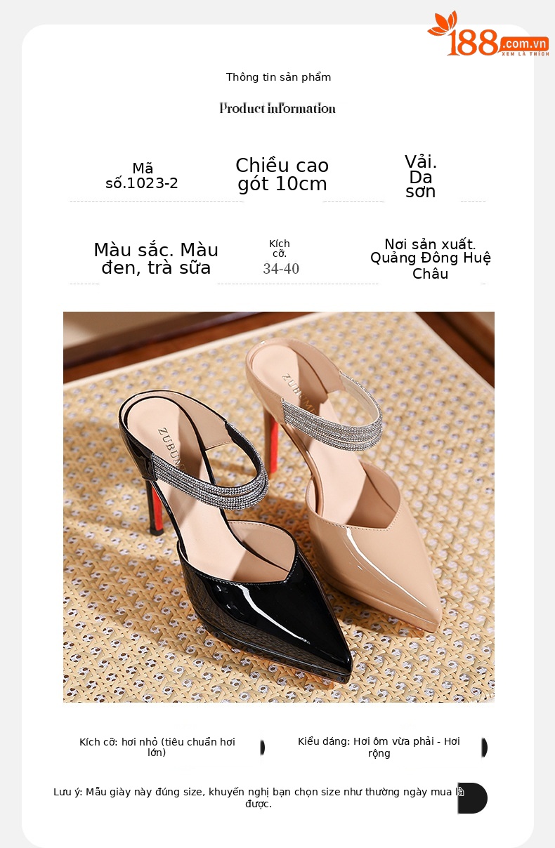 Sandal cao gót nữ mũi nhọn đính đá, quai một dây, gót 10 cm — Đen-10cm chi tiết 3