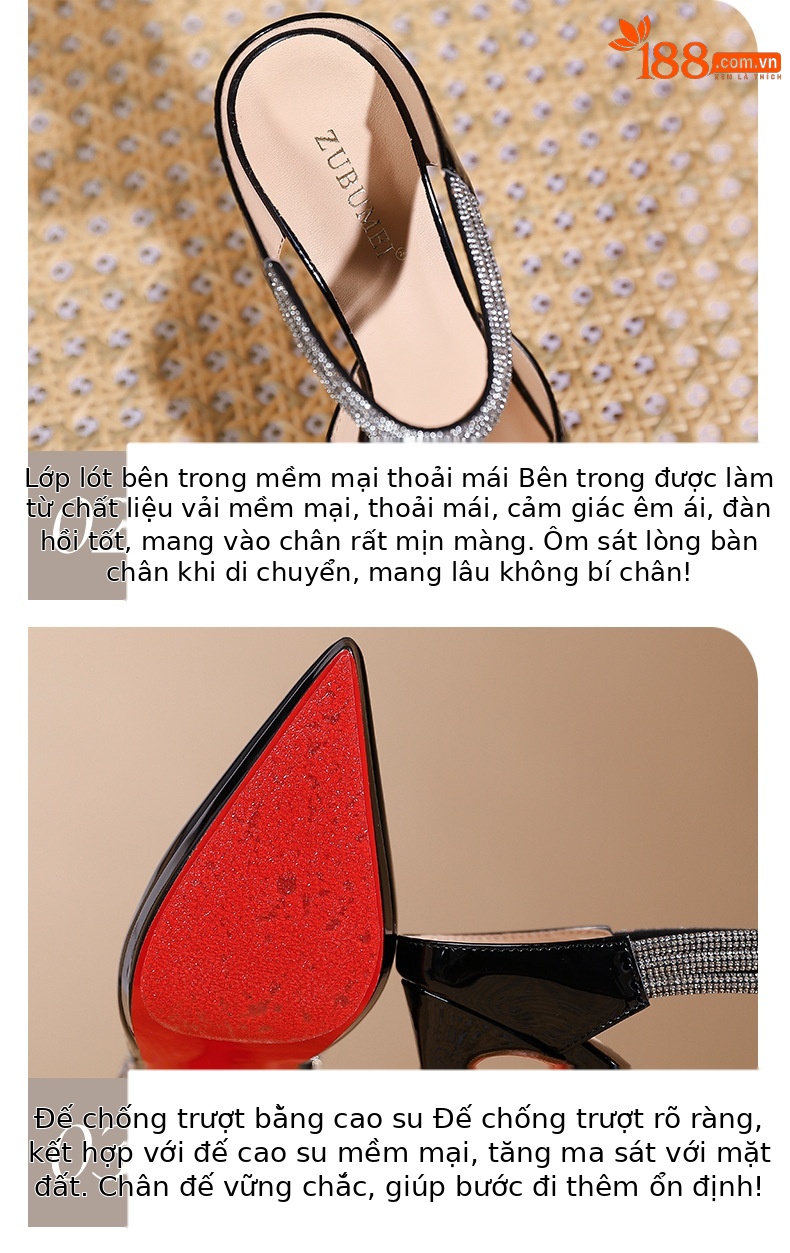 Sandal cao gót nữ mũi nhọn đính đá, quai một dây, gót 10 cm — Đen-10cm chi tiết 5