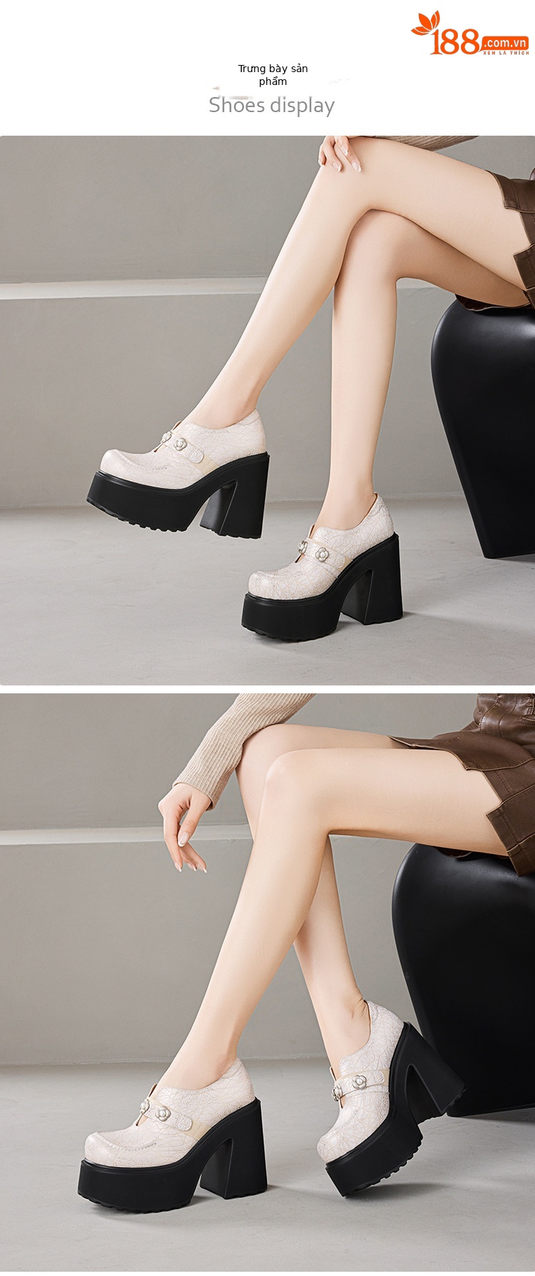 Giày loafer nữ đế xuồng da thật gót vuông 12 cm phong cách Anh quốc — màu đen chi tiết 2