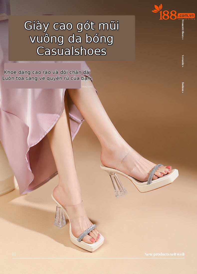Sandal cao gót nữ quai một dây trong suốt, mũi vuông hở ngón, đế platform, gót 11 cm — Vàng nhạt-11cm chi tiết 1