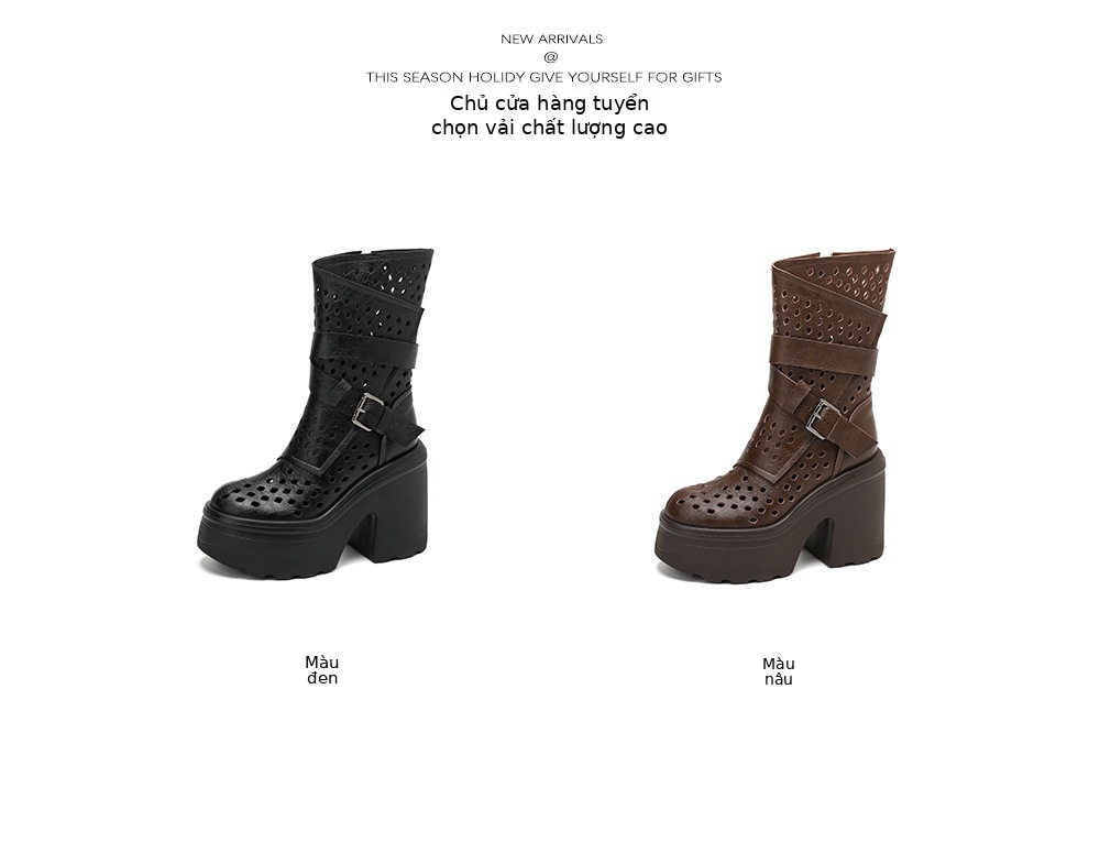 Boot cổ thun nữ da bò họa tiết đục lỗ thoáng mát, gót cao 8 cm — [Nâu], [Đen] chi tiết 2