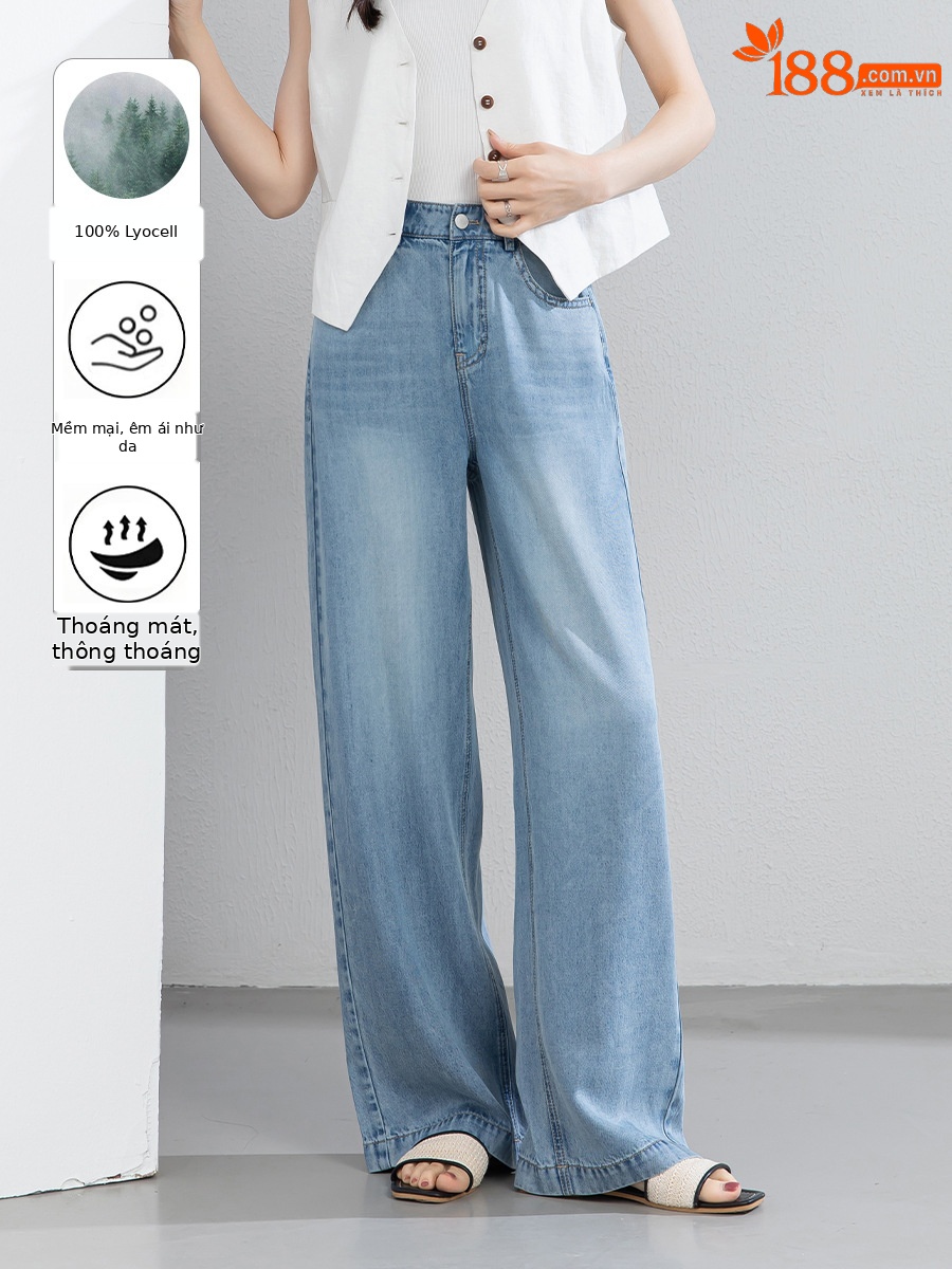 Quần jean nữ ống rộng cạp cao dáng suông vải Tencel mềm mại dài 103 cm — Màu xanh - Chiều dài quần thông thường khoảng 103cm