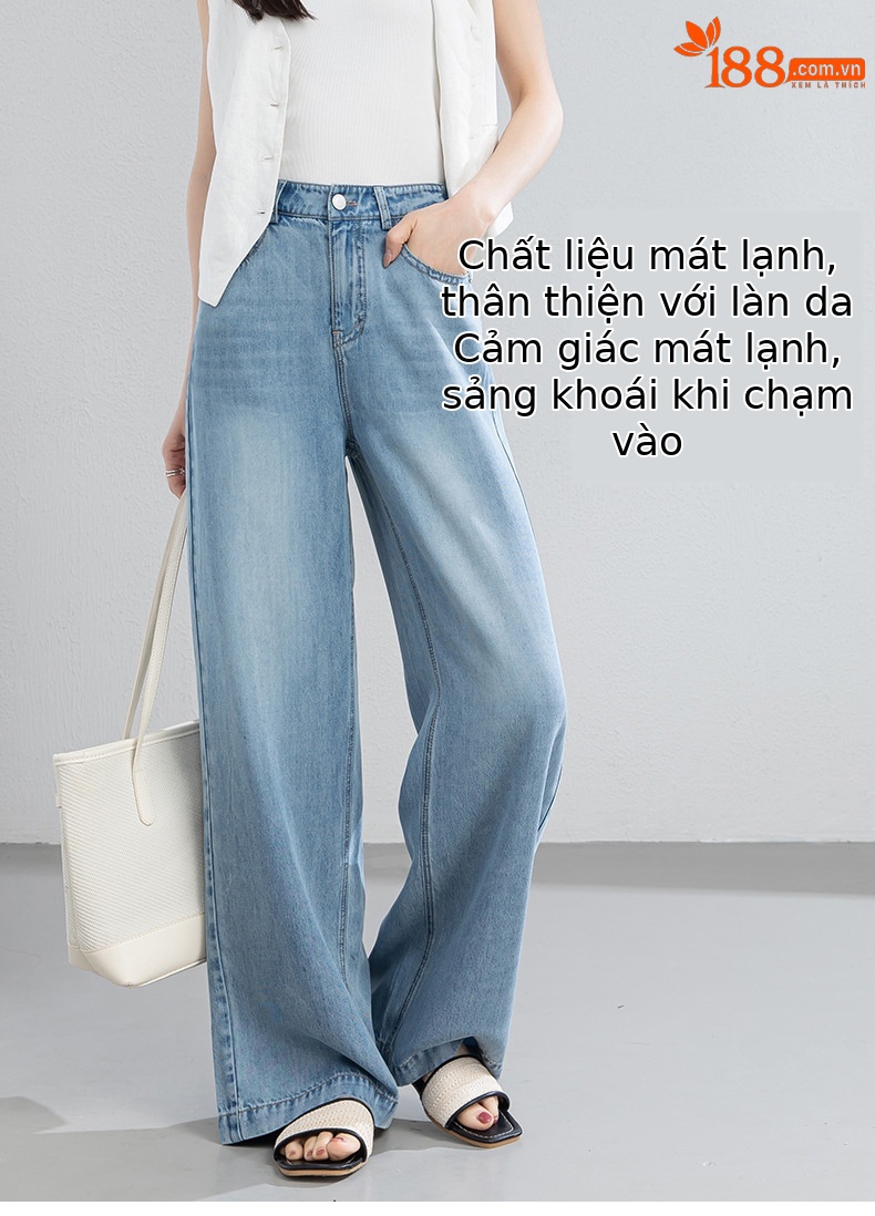 Quần jean nữ ống rộng cạp cao dáng suông vải Tencel mềm mại dài 103 cm — Màu xanh - Chiều dài quần thông thường khoảng 103cm chi tiết 8