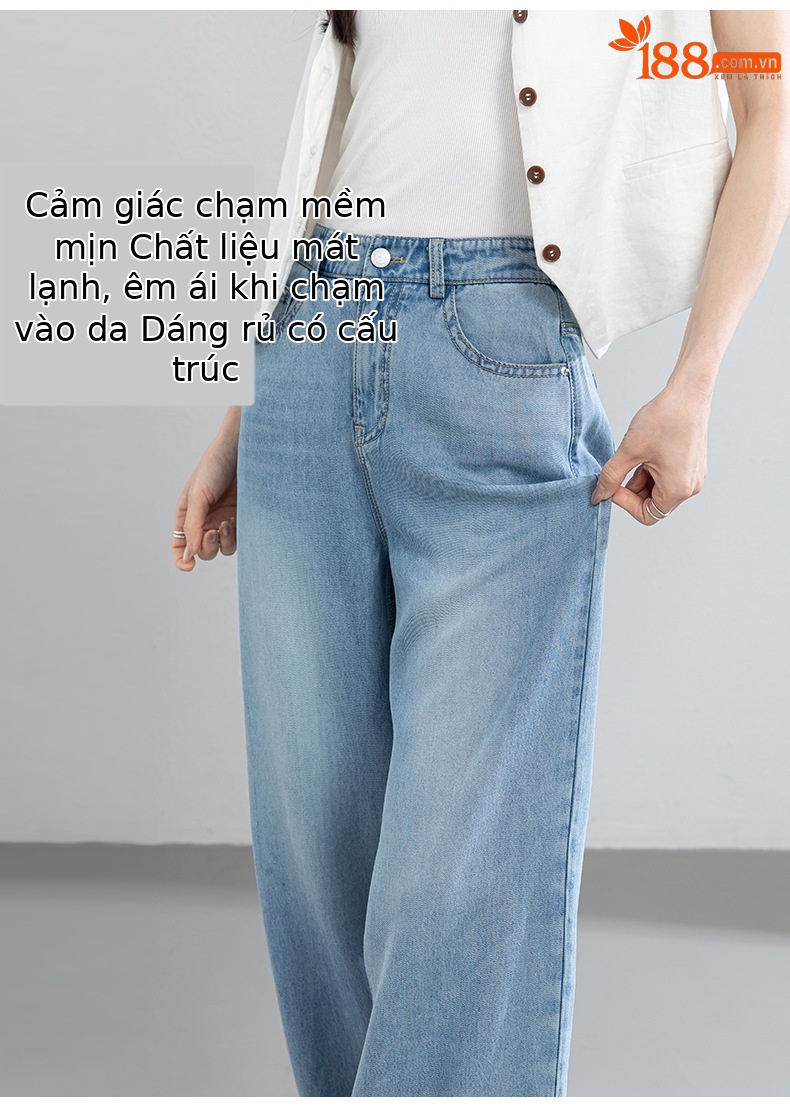 Quần jean nữ ống rộng cạp cao dáng suông vải Tencel mềm mại dài 103 cm — Màu xanh - Chiều dài quần thông thường khoảng 103cm chi tiết 9