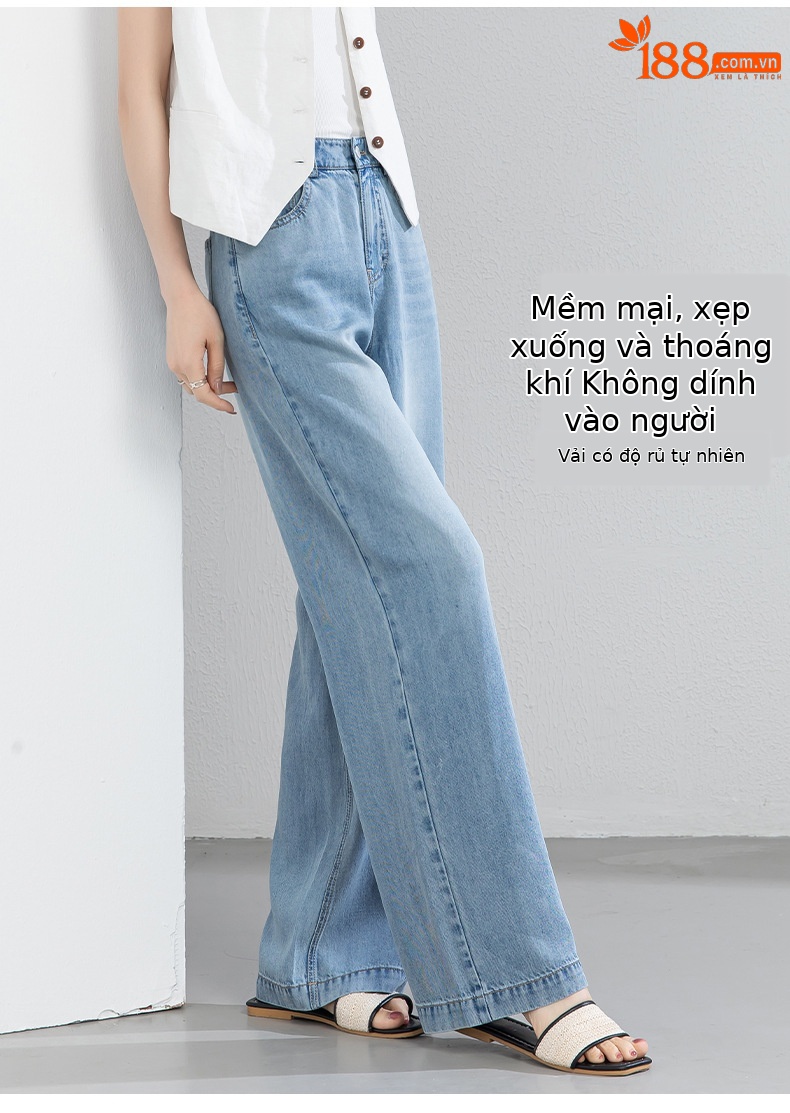Quần jean nữ ống rộng cạp cao dáng suông vải Tencel mềm mại dài 103 cm — Màu xanh - Chiều dài quần thông thường khoảng 103cm chi tiết 10