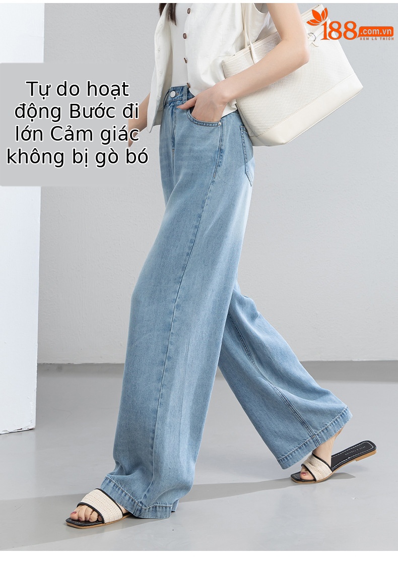 Quần jean nữ ống rộng cạp cao dáng suông vải Tencel mềm mại dài 103 cm — Màu xanh - Chiều dài quần thông thường khoảng 103cm chi tiết 11