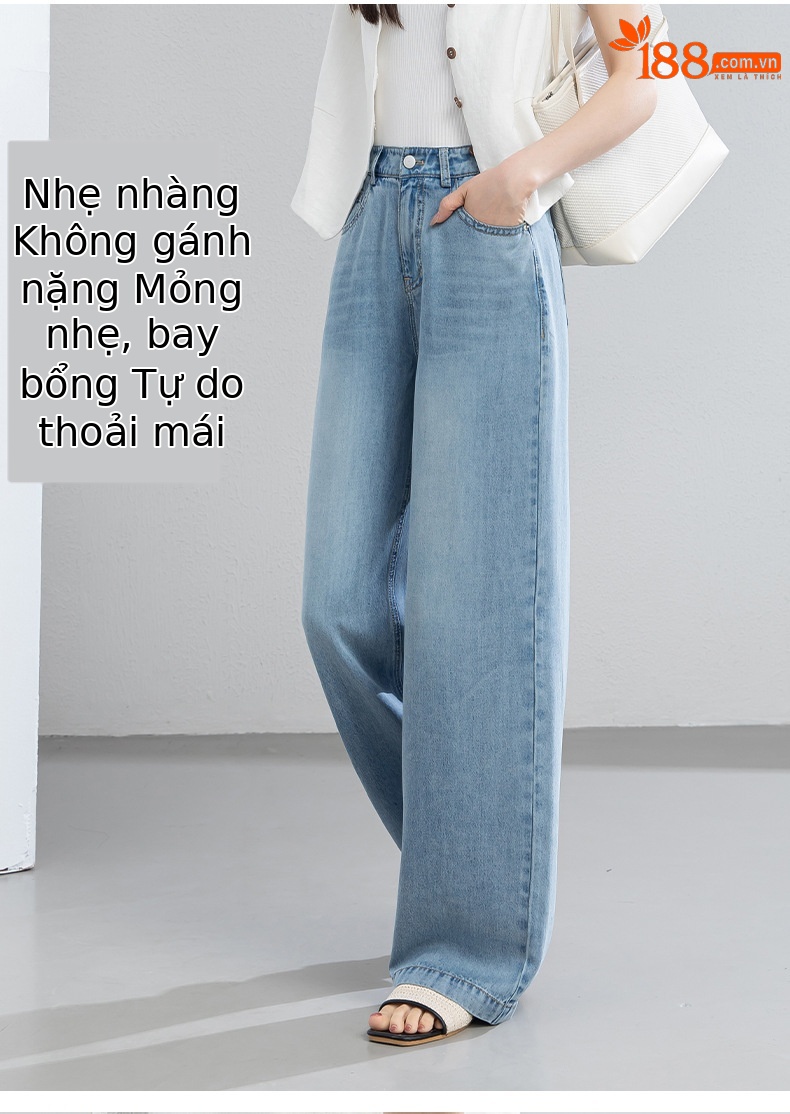 Quần jean nữ ống rộng cạp cao dáng suông vải Tencel mềm mại dài 103 cm — Màu xanh - Chiều dài quần thông thường khoảng 103cm chi tiết 12