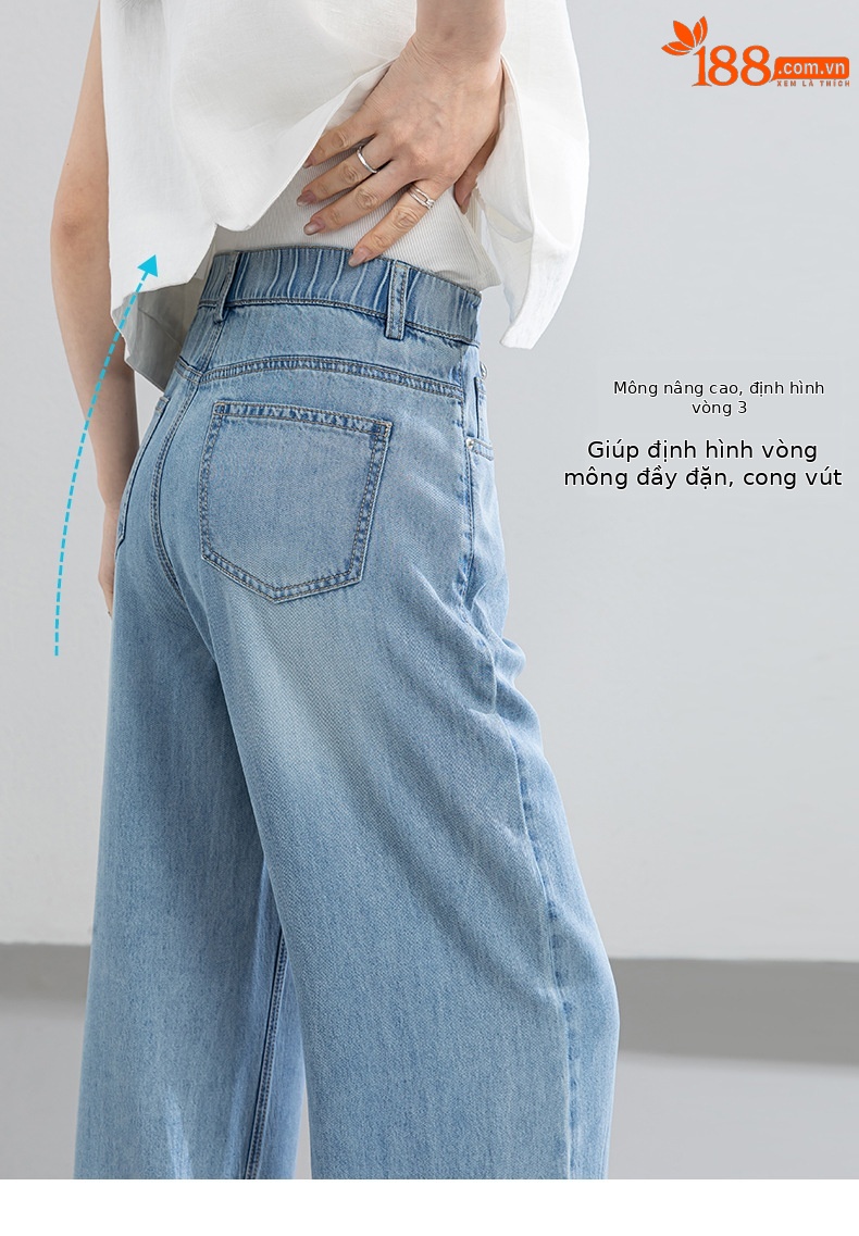 Quần jean nữ ống rộng cạp cao dáng suông vải Tencel mềm mại dài 103 cm — Màu xanh - Chiều dài quần thông thường khoảng 103cm chi tiết 13