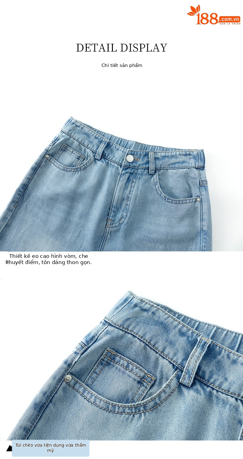 Quần jean nữ ống rộng cạp cao dáng suông vải Tencel mềm mại dài 103 cm — Màu xanh - Chiều dài quần thông thường khoảng 103cm chi tiết 14