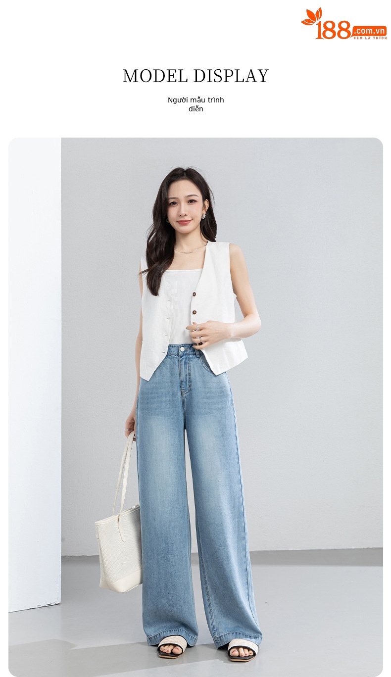 Quần jean nữ ống rộng cạp cao dáng suông vải Tencel mềm mại dài 103 cm — Màu xanh - Chiều dài quần thông thường khoảng 103cm chi tiết 18