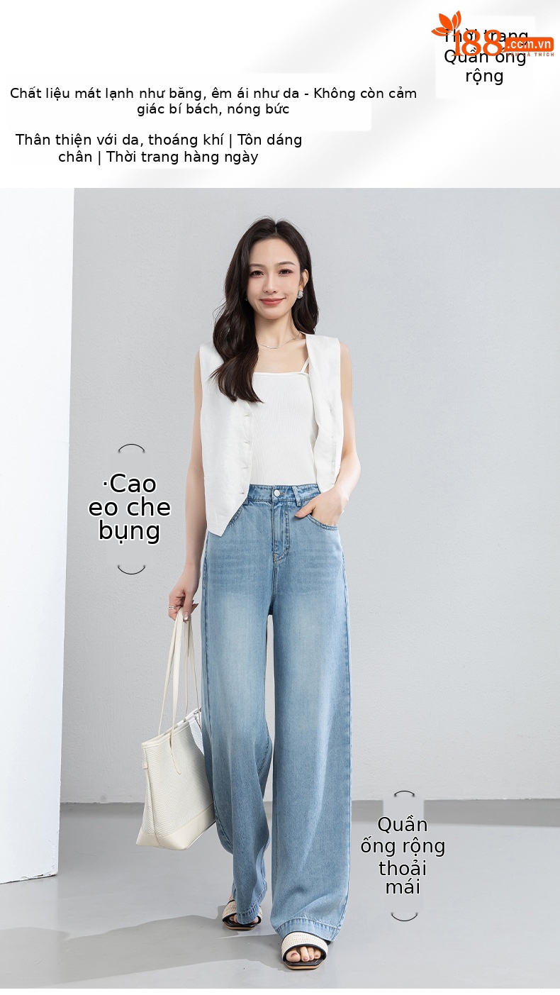 Quần jean nữ ống rộng cạp cao dáng suông vải Tencel mềm mại dài 103 cm — Màu xanh - Chiều dài quần thông thường khoảng 103cm chi tiết 1