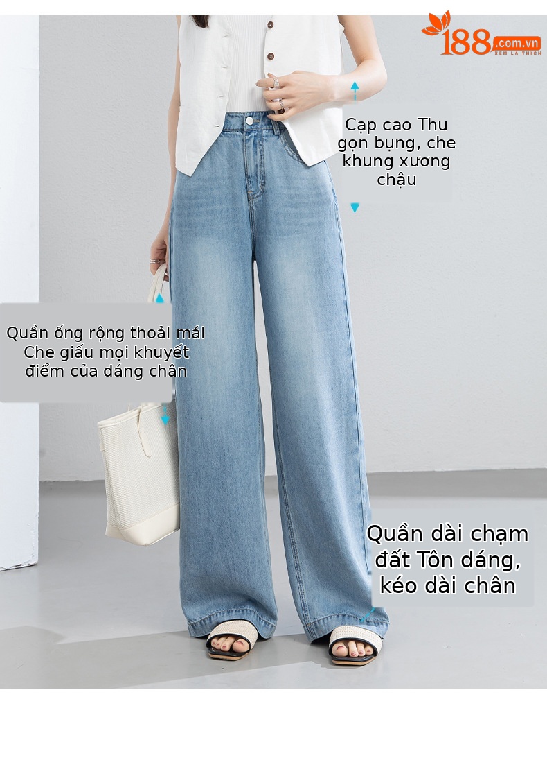 Quần jean nữ ống rộng cạp cao dáng suông vải Tencel mềm mại dài 103 cm — Màu xanh - Chiều dài quần thông thường khoảng 103cm chi tiết 5