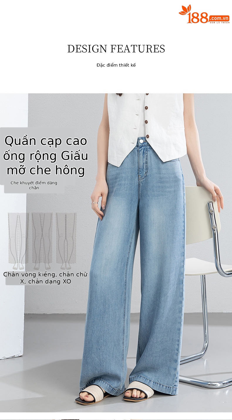 Quần jean nữ ống rộng cạp cao dáng suông vải Tencel mềm mại dài 103 cm — Màu xanh - Chiều dài quần thông thường khoảng 103cm chi tiết 7