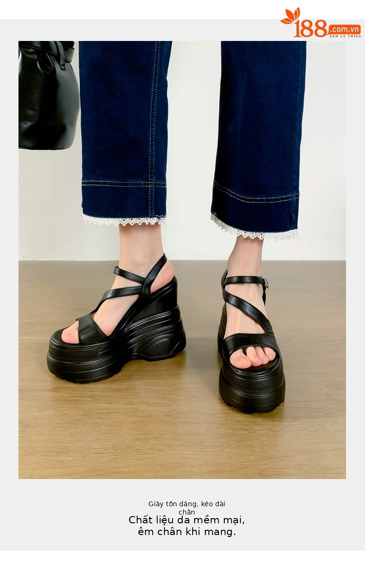 Sandal cao gót nữ hở mũi đế xuồng platform da bò thật, gót 12 cm, phong cách La Mã — màu đen, màu trắng, màu mơ chi tiết 3