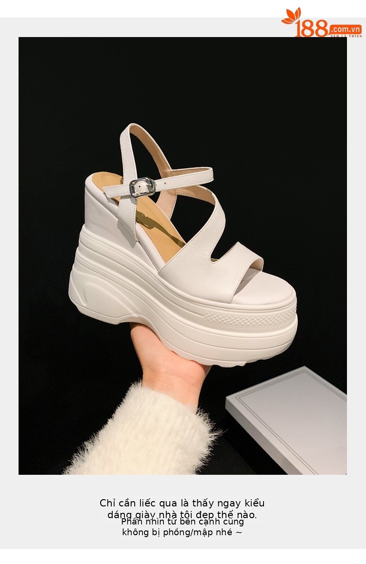 Sandal cao gót nữ hở mũi đế xuồng platform da bò thật, gót 12 cm, phong cách La Mã — màu đen, màu trắng, màu mơ chi tiết 4