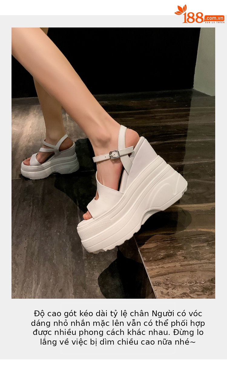 Sandal cao gót nữ hở mũi đế xuồng platform da bò thật, gót 12 cm, phong cách La Mã — màu đen, màu trắng, màu mơ chi tiết 6