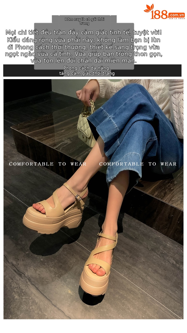 Sandal cao gót nữ hở mũi đế xuồng platform da bò thật, gót 12 cm, phong cách La Mã — màu đen, màu trắng, màu mơ chi tiết 1