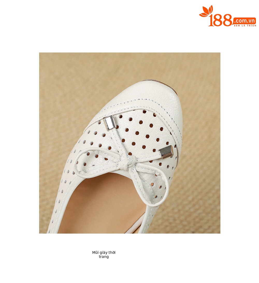 Giày sandal nữ hở mũi gót thấp 3,5 cm, thiết kế đục lỗ thoáng mát, phong cách đơn giản bốn mùa — màu trắng ngà chi tiết 17