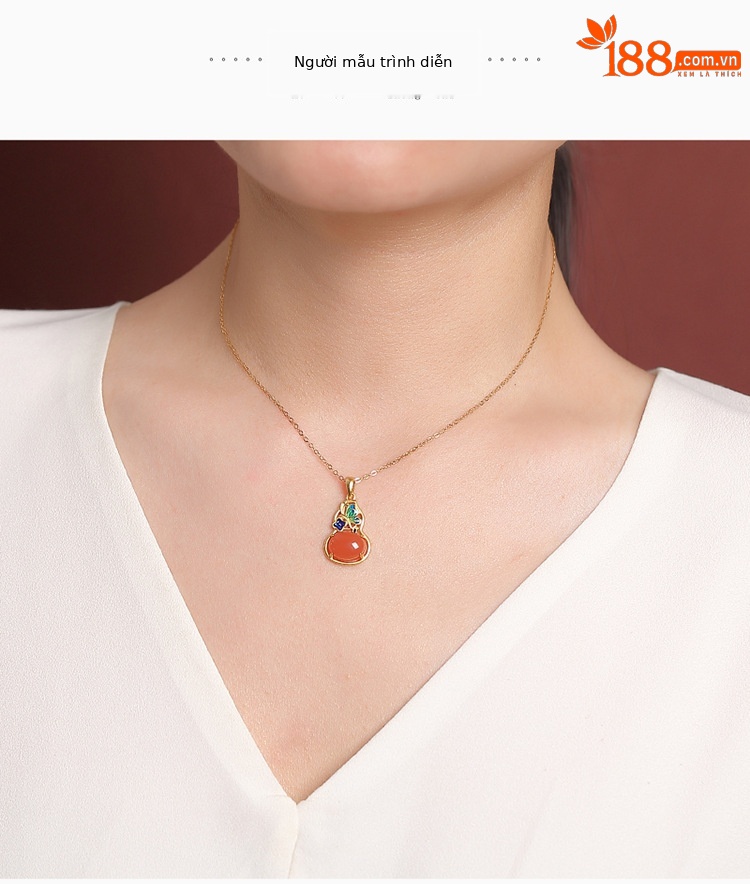 Mặt dây chuyền bạc S925 mạ vàng hình bướm hồ lô đính mã não đỏ và hổ phách — Hồng nước (không kèm dây) chi tiết 7