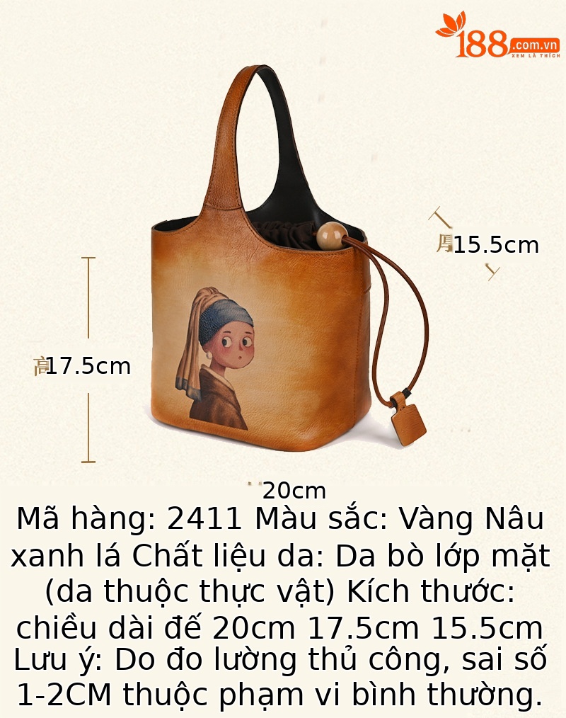 Túi bucket nữ da bò thượng hạng phong cách cổ điển in họa tiết handmade — Vàng cổ điển, Nâu cổ điển, Màu xanh lá cây chi tiết 2