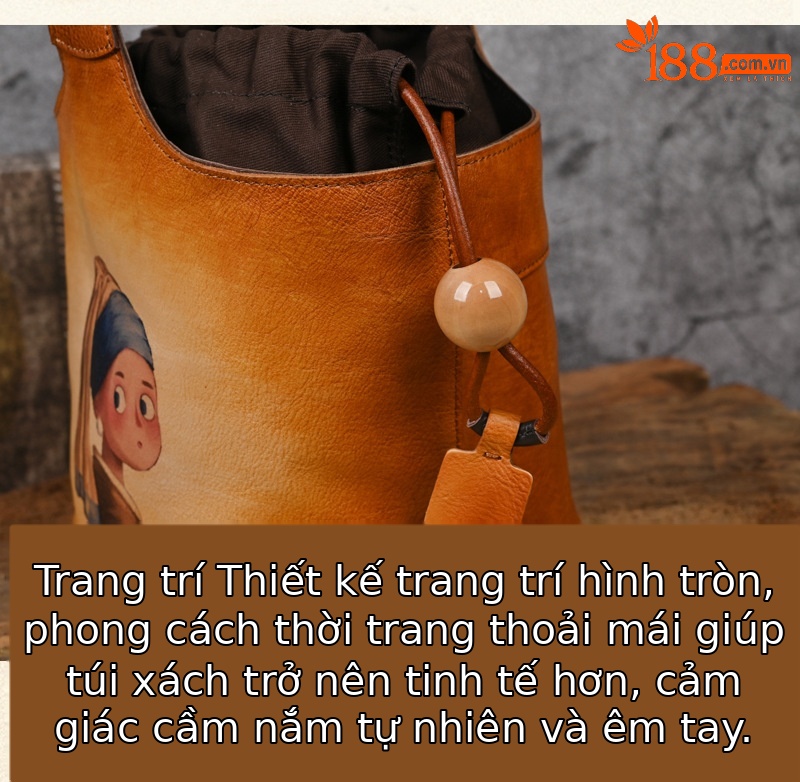 Túi bucket nữ da bò thượng hạng phong cách cổ điển in họa tiết handmade — Vàng cổ điển, Nâu cổ điển, Màu xanh lá cây chi tiết 6