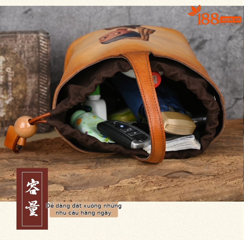 Túi bucket nữ da bò thượng hạng phong cách cổ điển in họa tiết handmade — Vàng cổ điển, Nâu cổ điển, Màu xanh lá cây chi tiết 9